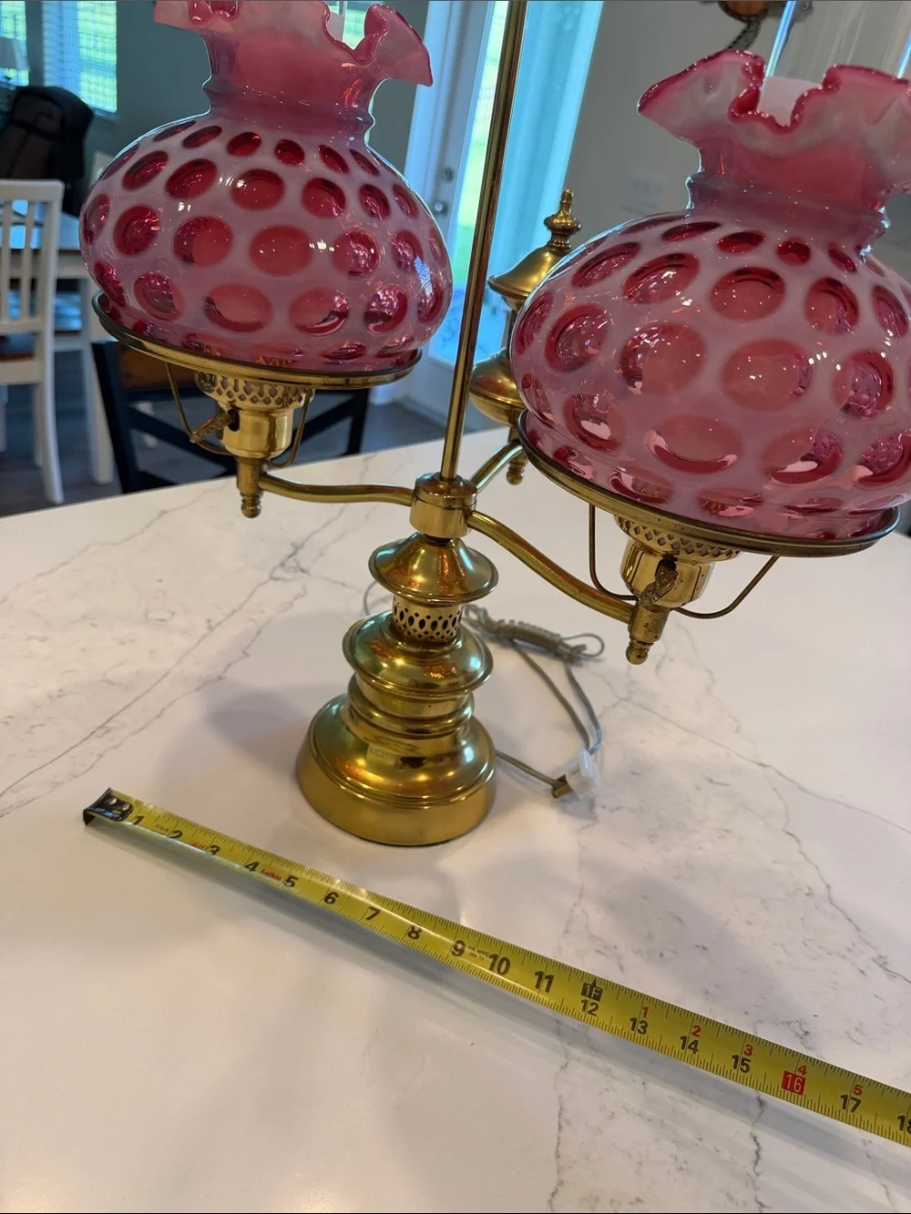 Vintage-Style Pink Fenton Double Oil Lamp with Brass Base